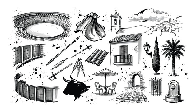 Collection of hand-drawn Spanish cultural elements and architecture, including a bullring, bull, matador cape, and traditional buildings, in a black and white sketch style