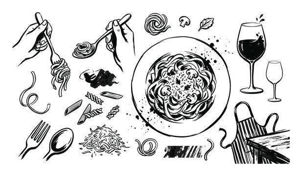 Hand-drawn black and white pasta and Italian food elements with various ingredients and utensils