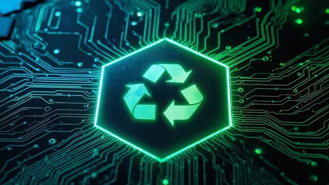 Glowing green recycling symbol hexagon emblem centered on dark circuit board with neon lines connections and digital technology elements