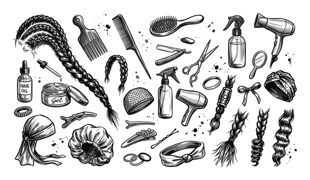 Various black and white hand-drawn hair care tools and braided hairstyles are scattered across a clean