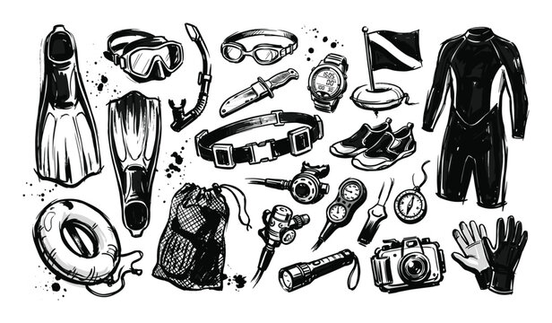 Collection of various black and white hand-drawn scuba diving equipment and accessories