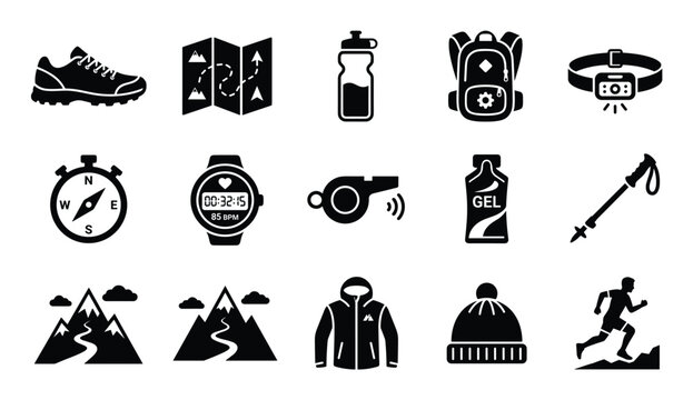 Collection of black silhouette icons representing various hiking and trail running gear and elements