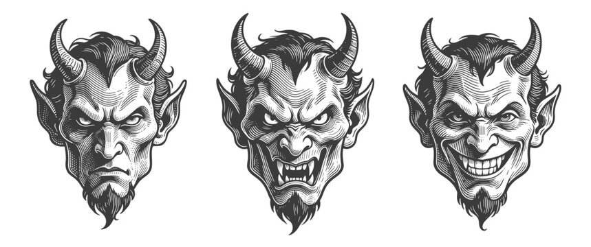 Evil demon and devil faces set, vintage monochrome engraving vector illustration for halloween or occult design