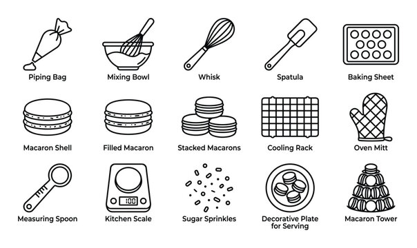 Collection of black and white outline icons depicting various baking tools and macaron-related items