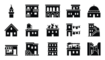Naklejka premium Collection of diverse black flat building icons representing various architectural styles and urban structures