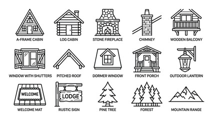 Naklejka premium Collection of black outline icons representing various elements of a rustic cabin or lodge