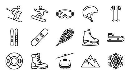 Fototapeta premium Collection of black outline icons representing various winter sports and activities
