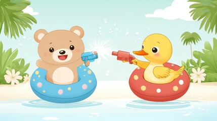 Fototapeta premium Cute bear and duckling play with water guns in colorful floats at a sunny beach setting, summer fun