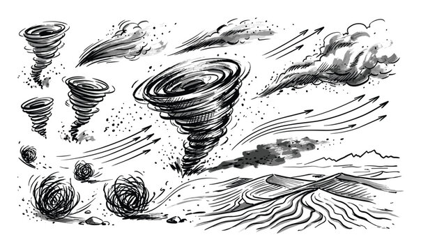 Various hand-drawn black and white weather elements including tornadoes, wind, clouds, and tumbleweeds