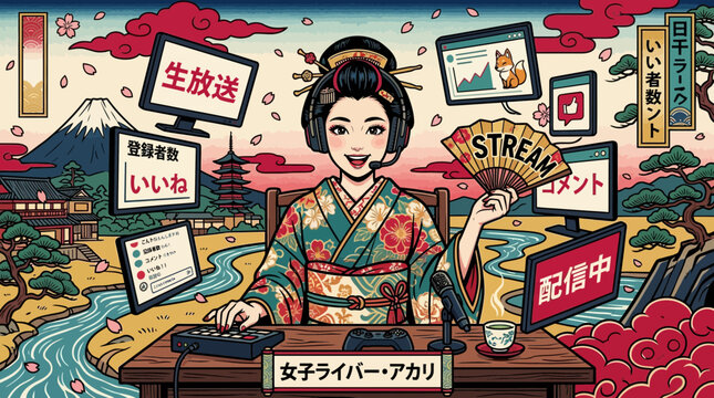 Japanese geisha streamer in kimono with headphones and fan, embracing modern digital entertainment