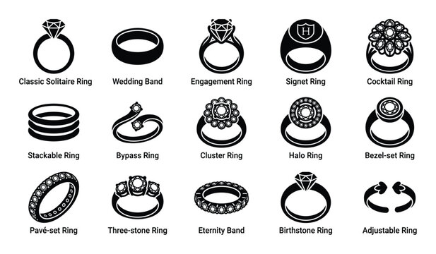 Comprehensive collection of various ring types, including solitaire, wedding, engagement, and cocktail rings, presented as black silhouette icons
