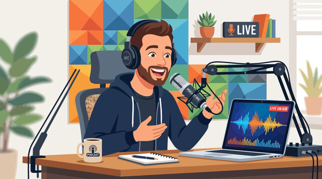 Male podcaster actively speaking into microphone with headphones in a lively studio environment