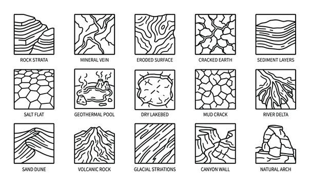 Collection of fifteen black and white outline icons depicting various geological formations and natural landforms