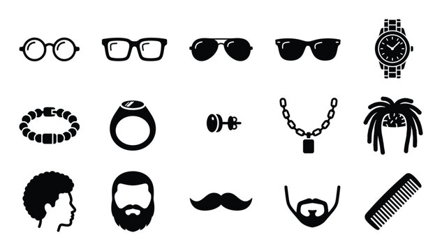 Collection of black silhouette icons representing various male accessories and grooming elements