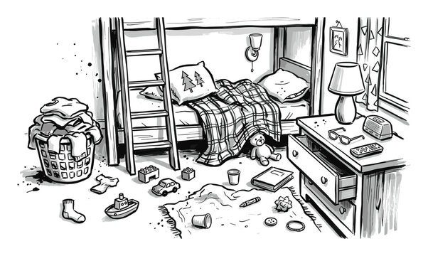 Messy child's bedroom with a bunk bed, laundry basket, and toys scattered on the floor, depicted in a black and white sketch style