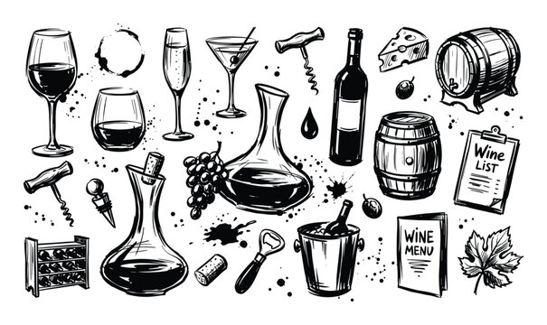 Collection of hand-drawn wine and bar accessories, including glasses, bottles, barrels, and tools, in a sketch style
