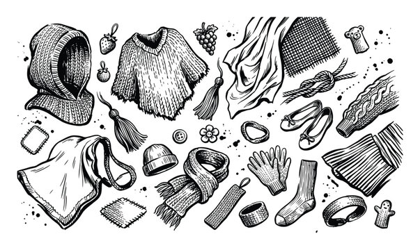 Various hand-drawn knitted and fabric items are scattered across a in a detailed black and white illustration style