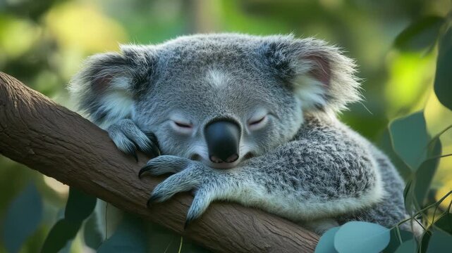 A koala rests with eyes closed on a branch surrounded by leaves in its natural environment during the afternoon