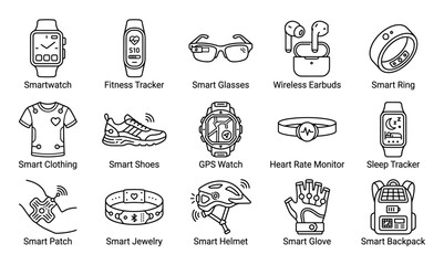 Fototapeta na wymiar Comprehensive collection of various wearable technology devices depicted as simple black outline icons
