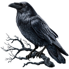 Naklejka premium Large Black Raven Perched on a Gnarly Dry Branch Isolated on White Background isolated on transparent or white background, png