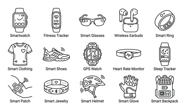 Comprehensive collection of various wearable technology devices depicted as simple black outline icons