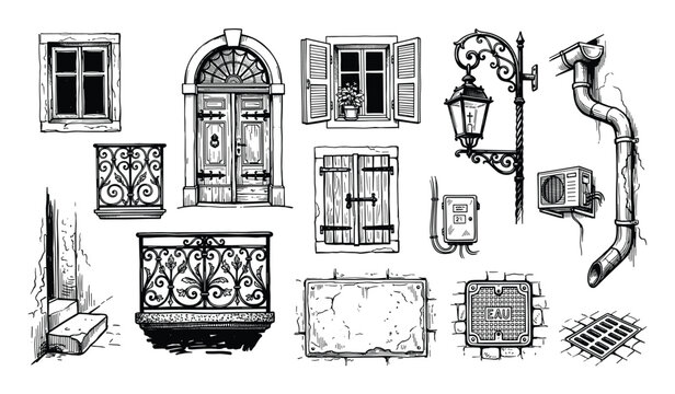 Various hand-drawn black and white architectural elements, including windows, doors, balconies, and street fixtures