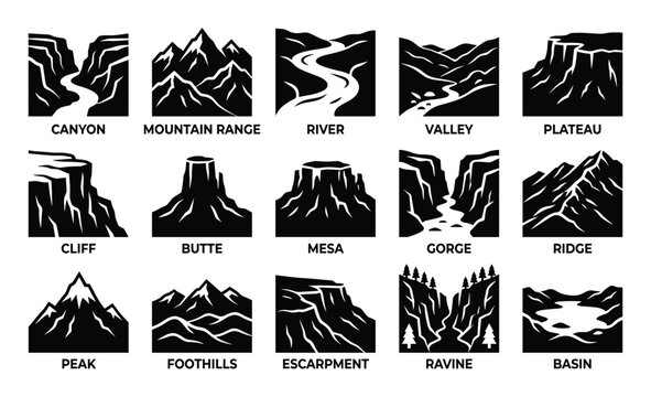 Comprehensive collection of black and white icons illustrating various natural landforms and geographical features