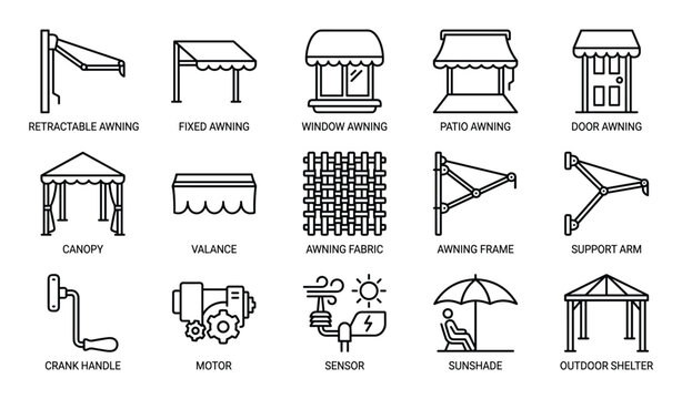Comprehensive collection of awning and outdoor shelter line icons, including retractable, fixed, window, patio, and door awnings, presented