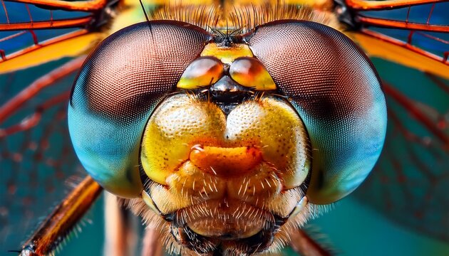 extreme macro of dragonfly head and compound eyes
