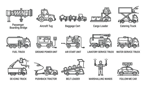 Comprehensive collection of airport ground support equipment icons, presented in a clean, minimalist outline style