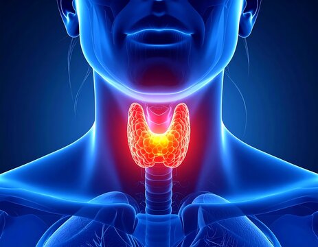 Medical Illustration Of Human Thyroid Gland Glowing Orange In Blue Anatomical Neck View Highlighting Endocrine System Anatomy