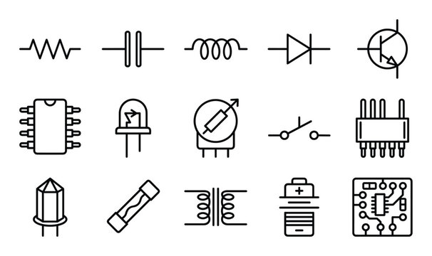 Comprehensive collection of various black outline electronic component symbols arranged neatly