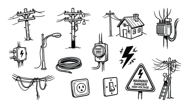 Collection of hand-drawn electrical elements and power infrastructure, including poles, wires, a house, and warning signs