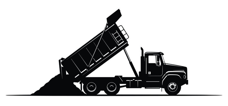 Dump truck unloading sand or soil from container on ground in side view silhouette graphic.