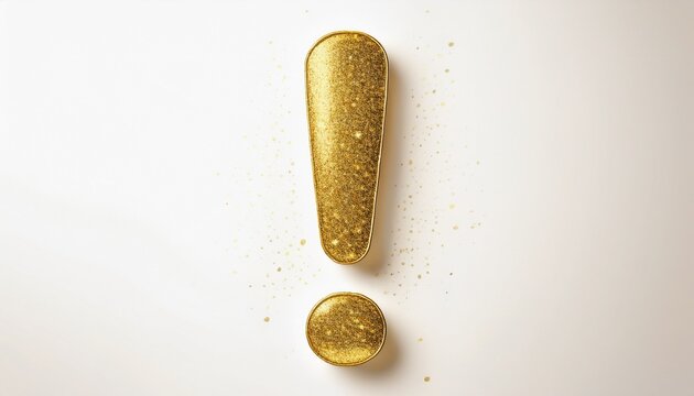 hand drawn naive exclamation mark in primitive doodle style with gold glitter texture on white background