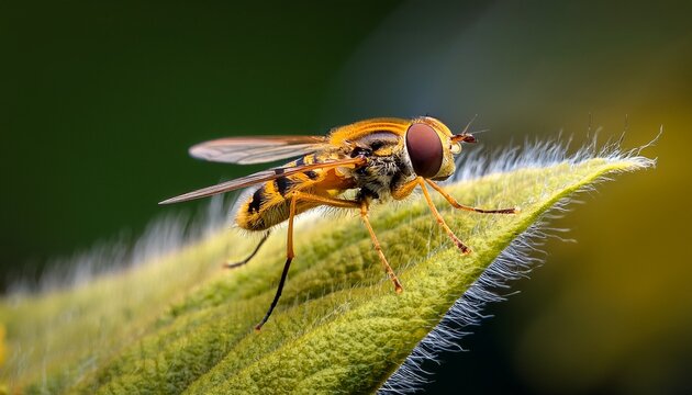 hoverfly perched on the edge of a hairy leaf