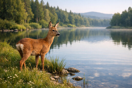 A graceful roe deer stands on a grassy riverbank against a backdrop of calm water