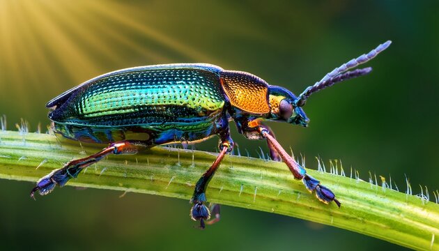 shiny beetle on green plant macro
