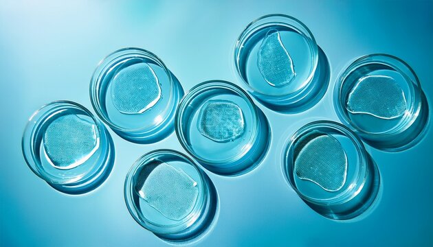 serum in petri dishes on light blue background cosmetic research concept