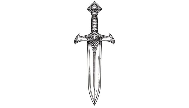 Detailed illustration of a medieval longsword with an ornate hilt and a symmetrical blade, rendered in black and white