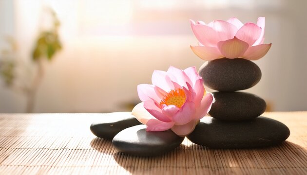 zen balance still life with pink lotus flower on black stone over light wood in soft sun concept of harmony mindfulness spa wellness and inner calm