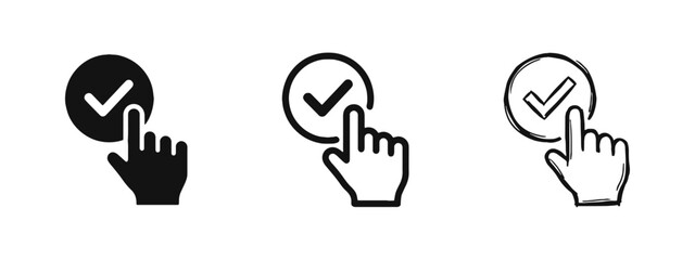 Hand clicking check mark icon set for approval, verification, selection and task completion © drawing lines