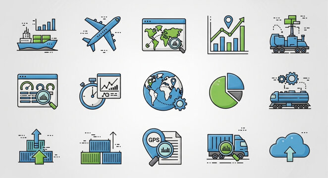Collection of Business and Technology Icons Representing Global Logistics and Data Analysis.