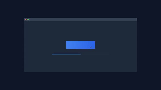 Dark mode software interface featuring a cursor clicking a blue button followed by a loading progress bar animation.