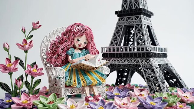 Whimsical Pink-Haired Fashion Doll Amid Flower Petals with Mini Eiffel Tower Backdrop
