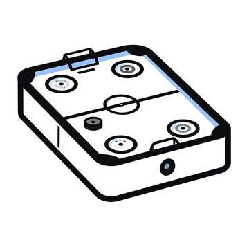 Isometric illustration of an air hockey table from a high angle, featuring goals, pucks, and a center line. White and black outline