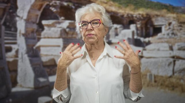 Senior woman gestures with hands near chest, wearing white blouse and glasses amid ancient stone ruins and carved arches at an outdoor historic building while addressing camera; nostalgia memory.