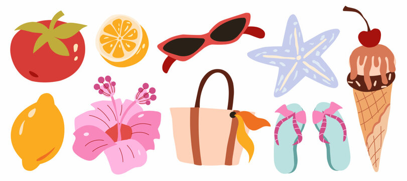 Colorful set of summer vacation icons with lemon, starfish, flower, ice cream, bag, sunglasses, tomato, food, drink, fruit and other beach and sea elements in a cartoon flat design style.