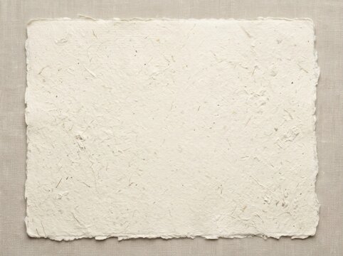 Handmade textured paper sheet with deckle edges on a linen fabric background