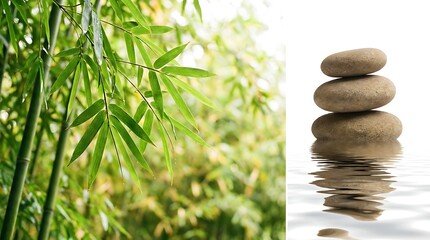 Obraz premium Zen-inspired composition featuring bamboo and stacked stones, representing balance and tranquility. The combination of nature's elements brings a sense of calm and serenity